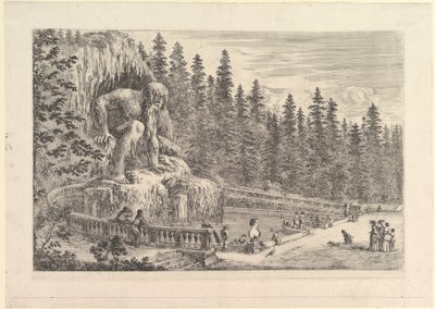 Colossal Statue of the Appenino by Giambologna to Left, Represented as a Giant Crouching by Stefano della Bella