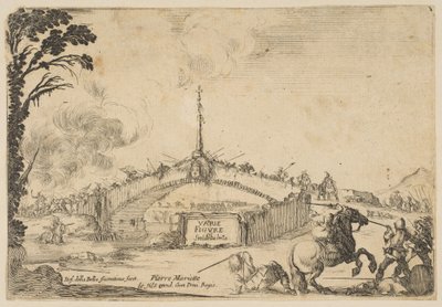 Combat on a Bridge, a Horseman and Two Footsoldiers Battle with Swords by Stefano della Bella