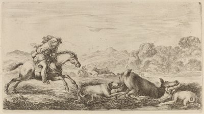 Doe in a Marsh Attacked by Two Dogs by Stefano della Bella