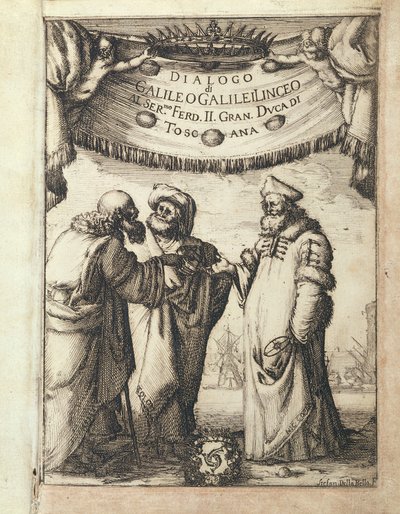 Galileo conversing with Ptolemy and Copernicus, illustrated frontispiece from Dialogue Concerning Two Chief World Systems, Ptolemaic and Copernican by Stefano della Bella