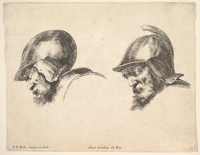 Plate 10: Two Heads of Old Soldiers Wearing Helmets, Both Facing Left and Looking Down by Stefano della Bella