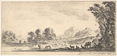 Shepherdess seated to the right under a tree, watching her flock to the left by Stefano della Bella