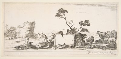Plate 12: a seated draughtsman to left, a standing shepherd next to him to right, ruins in the background by Stefano della Bella