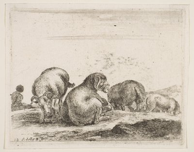 Plate 12: Sheep and Ram in a Pasture, from Various Animals, ca. 1641 by Stefano della Bella