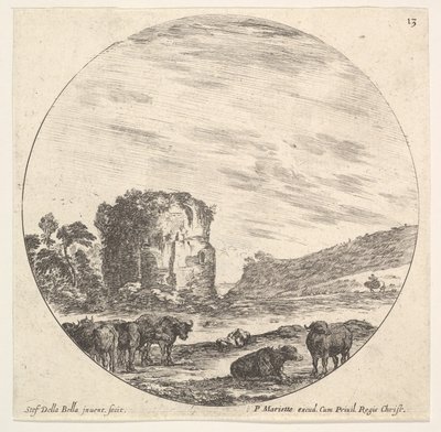 Plate 13: Ruins of an Ancient Temple in the Background, a Herd of Cows in the Foreground by Stefano della Bella