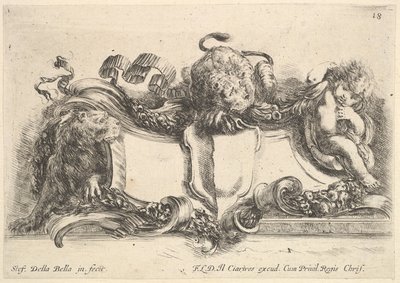 Plate 18: A Cartouche Containing an Empty Crest, Two Lionesses by Stefano della Bella