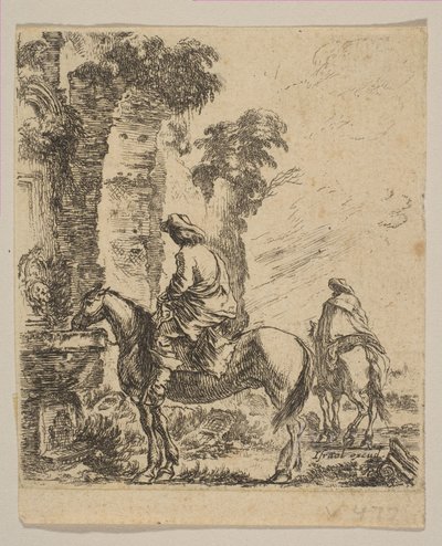 Landscape with a Cavalier Watering His Horse at a Fountain, from Various Figures by Stefano della Bella