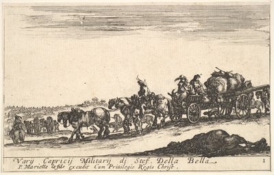 A horse drawn cart carrying people and goods, dead horse in the foreground, ca. 1641 by Stefano della Bella