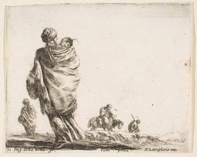 Plate 21: a poor woman to left, seen from behind, enveloping her child in a shawl, ca. 1644-47 by Stefano della Bella