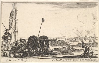 Plate 2: A Cannon to the Left, a Town in the Background, from Various Military Capric..., ca. 1641 by Stefano della Bella