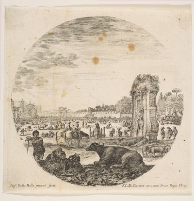 Plate 2: Campo Vaccino, a buffalo and two shepherds in center, the Fontanone to right by Stefano della Bella