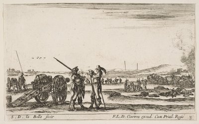 Plate 3: An officer giving orders to a soldier in centre foreground, cannon at left by Stefano della Bella