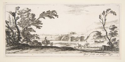 Plate 3: two horsemen crossing a river to right, a woman with two baskets atop a donkey, ca. 1641 by Stefano della Bella