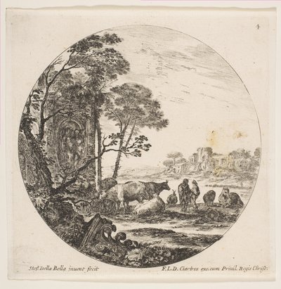 Plate 4: a Corinthian capital on the ground at left, a monument with figures in low relief by Stefano della Bella