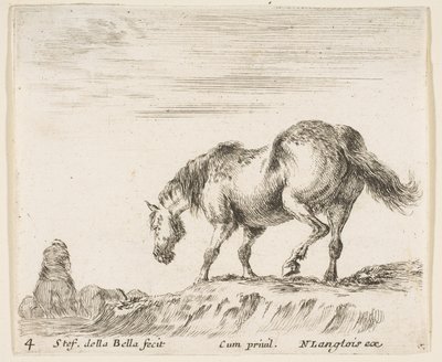 Plate 4: a horse in profile facing the left, about to descend from a mound, a horse..., ca. 1644-47 by Stefano della Bella