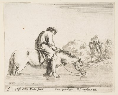 Plate 5: A Barefoot Peasant on Horseback Crossing a River, Another Peasant on Horse... by Stefano della Bella