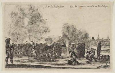 Plate 6: battery of cannons firing on a city, from Various Military Caprices Varii by Stefano della Bella