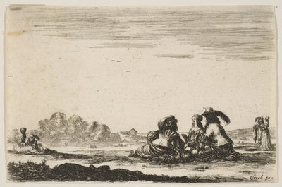 Two noblemen seated in center, seen from behind, conversing with a noblewoman by Stefano della Bella