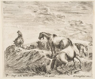 Two Horses Ascending the Bank of a River at Right, Following a Procession by Stefano della Bella