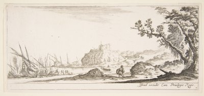 Plate 7: various boats on shore to left, a man carrying a bag, seen from behind by Stefano della Bella