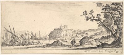 Plate 7: Various Boats on Shore to Left, a Man Carrying a Bag, ca. 1641 by Stefano della Bella