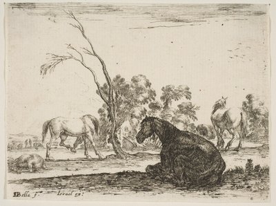 Plate 8: a seated horse to right, seen from behind and turned to the left, three other horses in the background by Stefano della Bella
