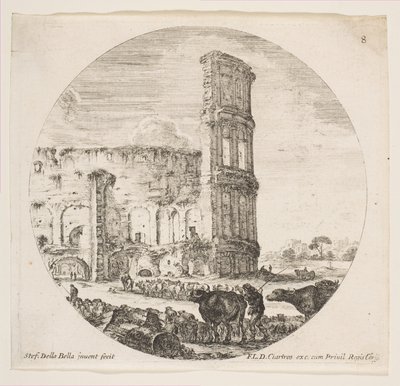 Plate 8: The Colosseum, Two Herds Being Directed Towards the Amphitheater by Stefano della Bella