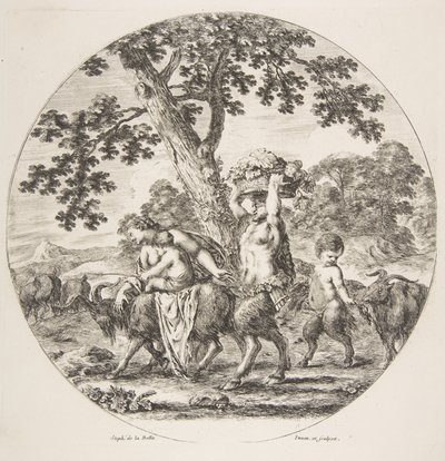 Satyr family walking towards the left with two goats and a basket of grapes by Stefano della Bella