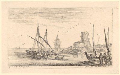 Seascape with Several Ships and Old Tower on the Beach by Stefano della Bella