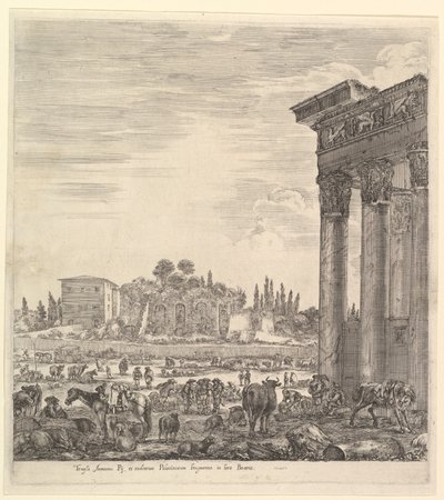 The columns of the Temple of Antoninus to right, a part of the Campo Vaccino in center by Stefano della Bella