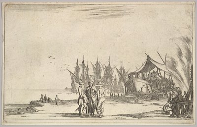 Three Men Wearing Hats Standing in Center, Men Fixing a Ship to Right, Five Ships and Various Figures by Stefano della Bella
