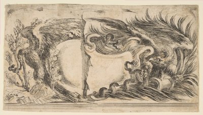 Two Different Halves of Cartouches Each Showing an Eagle Fighting a Serpent by Stefano della Bella