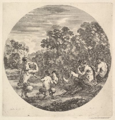 Two Satyrs and a Faun Seated to Right Watching Two Child Satyrs and Another Satyr by Stefano della Bella