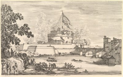 View of the Tiber River, a large tree to left, two groups of women to left in the foreground, ca. 1656 by Stefano della Bella