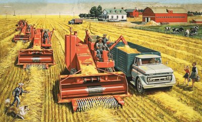 Combine Harvesters Harvest Wheat on the Vast Plains of Canada by Stobo Stobo