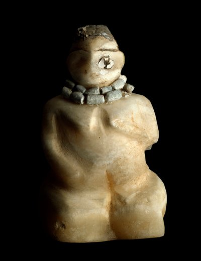 Lower Mesopotamia, Iraq, Sumerian Art: Alabaster Figurine of a Kneeling Woman from Tell es-Sawwan (3000 BC) by Sumerian Sumerian