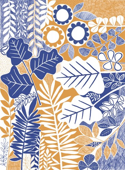 Stylized Blue Orange Leaves by Susan Black
