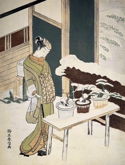 A Young Woman Admires Her Bonsais on the Snowy Terrace, 18th Century by Suzuki Harunobu
