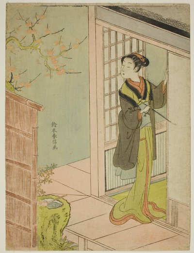 Beauty Admiring a Bush Warbler Singing in a Plum Tree by Suzuki Harunobu