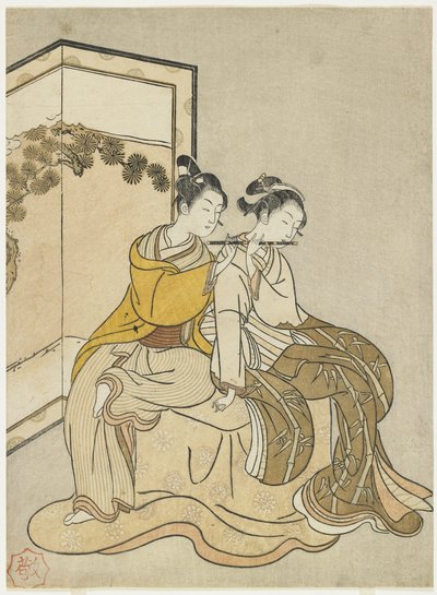 Calendar Print for Meiwa 2 and a Mitate of Emperor Xuanzong and Yang Guifei, 1765 by Suzuki Harunobu