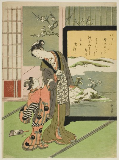 Courtesan and Her Child Attendant Playing with a Cat by Suzuki Harunobu