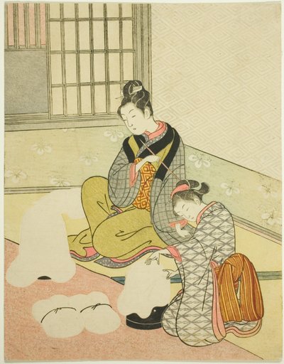 Evening Snow on a Floss Shaper (Nurioke no bosetsu), from the series "Eight Views of the Parlor (Zashiki hakkei)" by Suzuki Harunobu