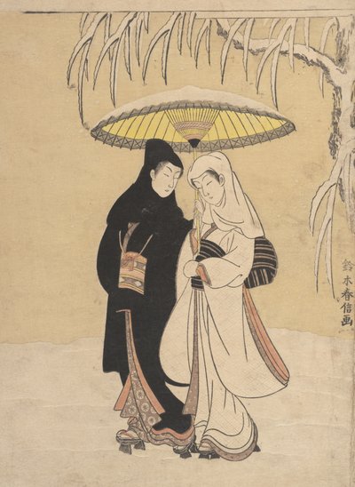 Lovers Walking in the Snow Crow and Heron by Suzuki Harunobu