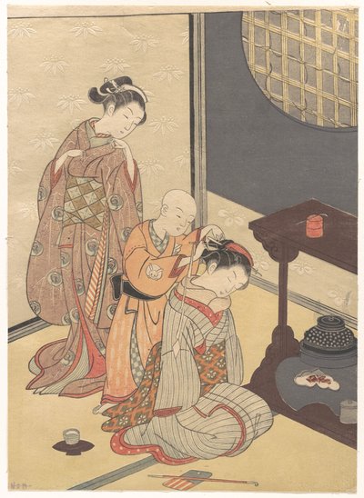 Night Rain at the Double-Shelf Stand, from the series Eight Parlor Views by Suzuki Harunobu
