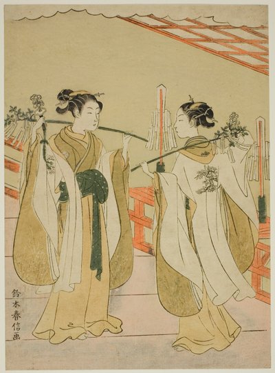 Shrine Maidens Onami and Ohatsu Dancing at Yushima Tenjin Shrine by Suzuki Harunobu