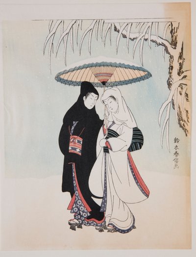 Walk Under an Umbrella in the Snow by Suzuki Harunobu