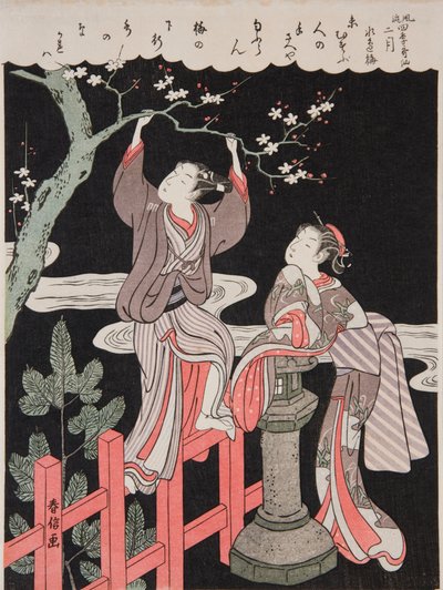 Spring (February). Youth Picking a Branch of Blooming Plum for His Beloved, from the Series: Elegant Poems of the Four Seasons / Furyu Shiki Kasen by Suzuki Harunobu