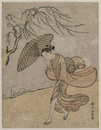 Woman Running Past a Willow Tree in a Breeze by Suzuki Harunobu