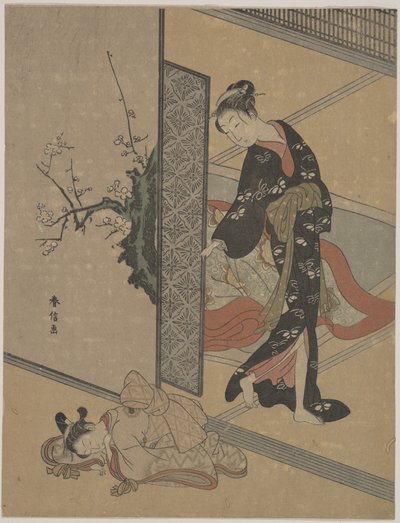Young Lady Looking through Door at Her Kamuro (Little Servant) who is Asleep on the Floor by Suzuki Harunobu