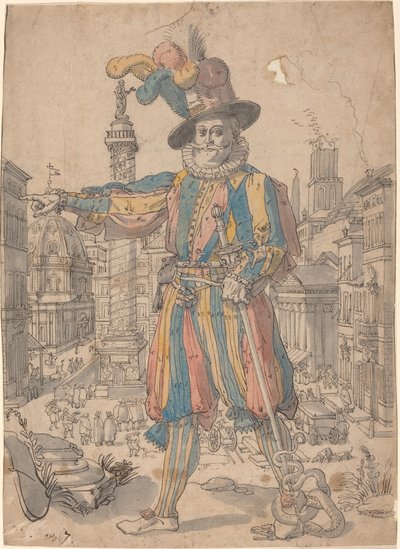 Giovanni Grosso of the Swiss Guards Standing before a View of Rome by Swiss 17th Century after Francesco Villamena